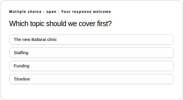A multiple choice poll asking “Which topic should we cover first?”, with four answers to choose from.