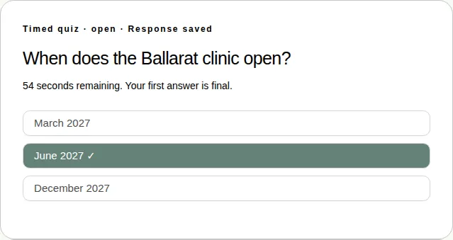 A timed quiz with “54 seconds remaining. Your first answer is final.” and June 2027 chosen.