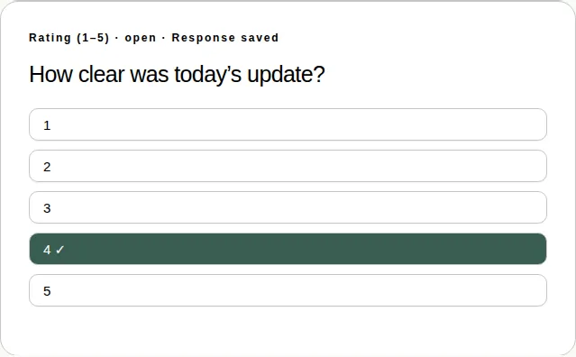 A rating asking “How clear was today’s update?”, with 4 chosen.