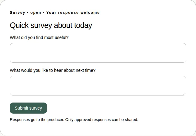 A survey card with two questions, each with its own box, and a Submit survey button.