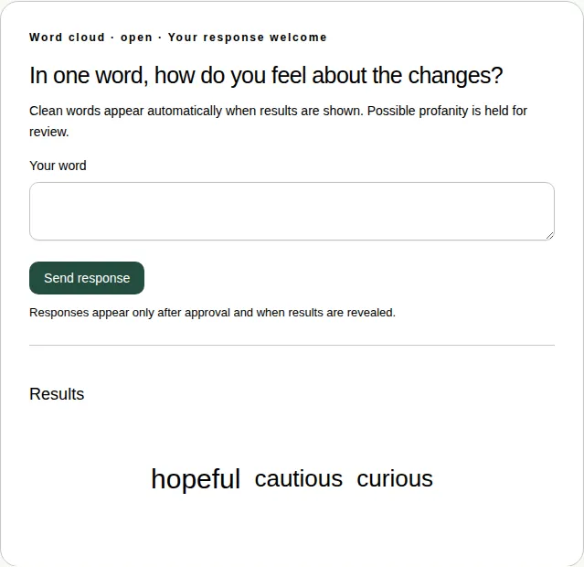 A word cloud card with the Your word box, a Send response button, and results showing hopeful, cautious and curious.