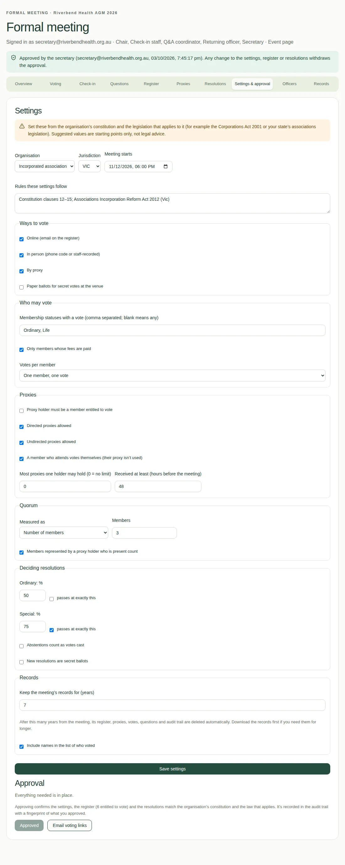 The bottom of the Settings & approval tab. It says "Everything needed is in place", with Approved and Email voting links buttons.