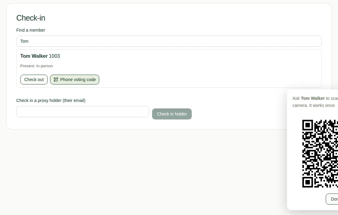 The Check-in tab. A member has been found and checked in, and their phone voting code is showing.