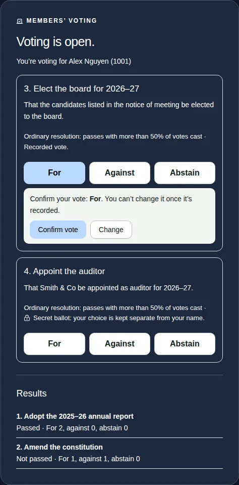 The voting panel with For chosen, and the Confirm vote and Change buttons underneath.