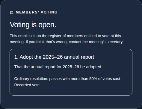 The voting panel showing the message for someone who isn't entitled to vote. The resolution is still shown, with no voting buttons.
