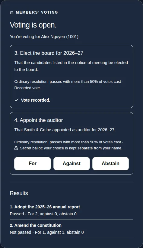 The voting panel after voting, showing Vote recorded under the resolution.