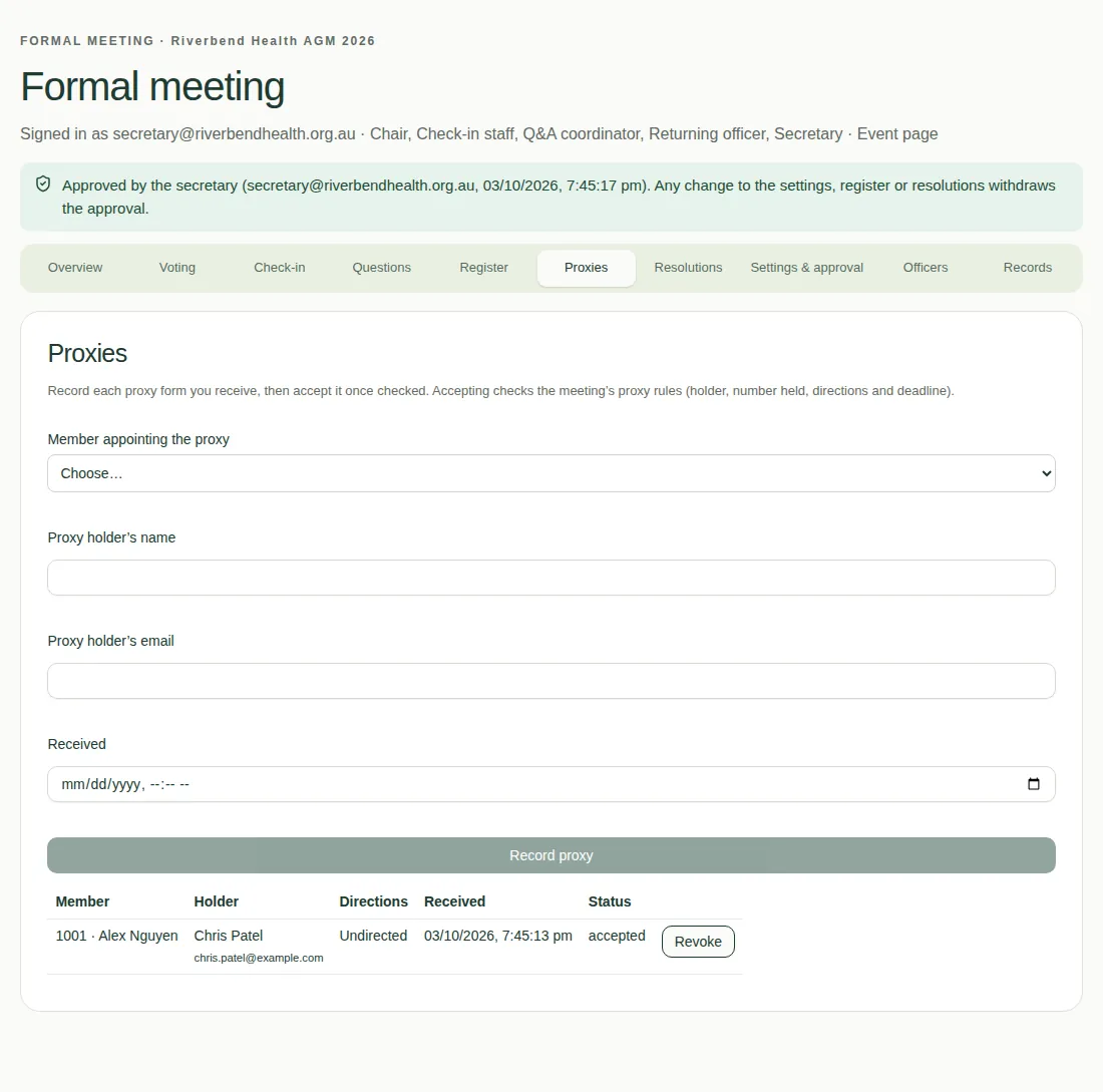 The Proxies tab, with the form to record a proxy and one accepted proxy in the list below.