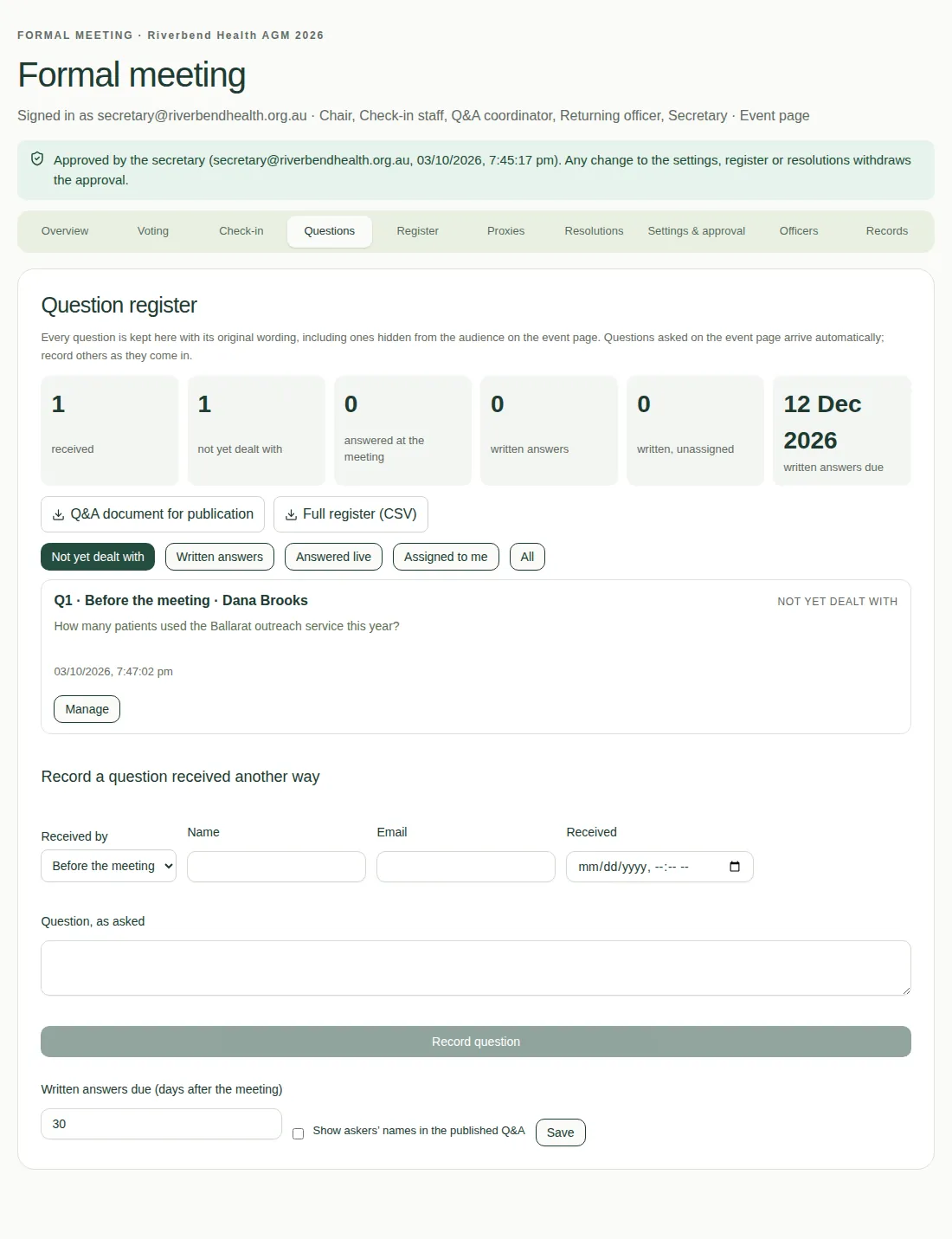 The Questions tab, showing counts, download buttons, filters, one question being managed, and the form to record a question received another way.