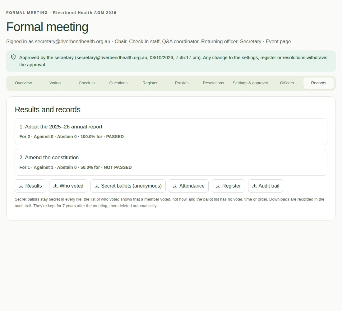 The Records tab showing both results, and download buttons for Results, Who voted, Secret ballots (anonymous), Attendance, Register and Audit trail.