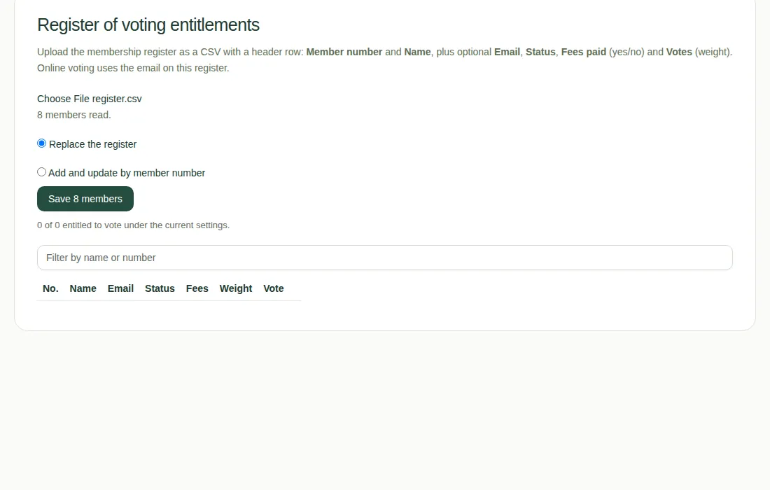 The Register tab after choosing a CSV file. It says "8 members read" and has a Save 8 members button.