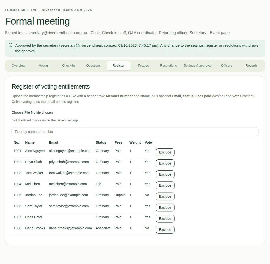 The saved register, showing each member's number, name, email, status, fees, weight and whether they can vote.