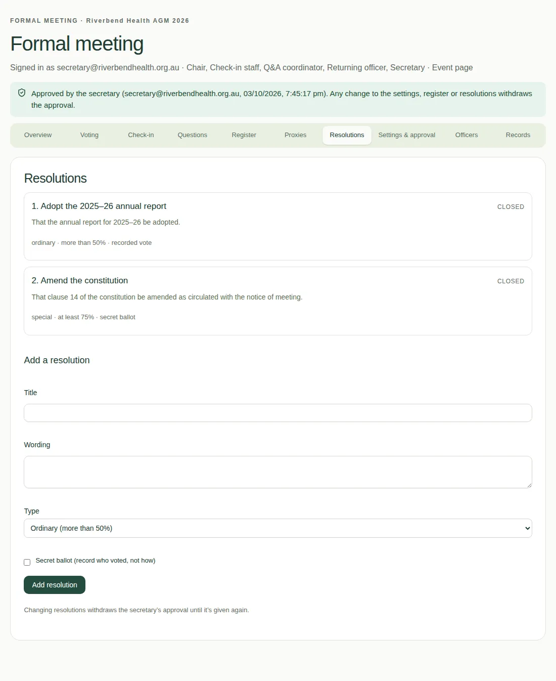 The Resolutions tab with two resolutions added, and the form to add another.