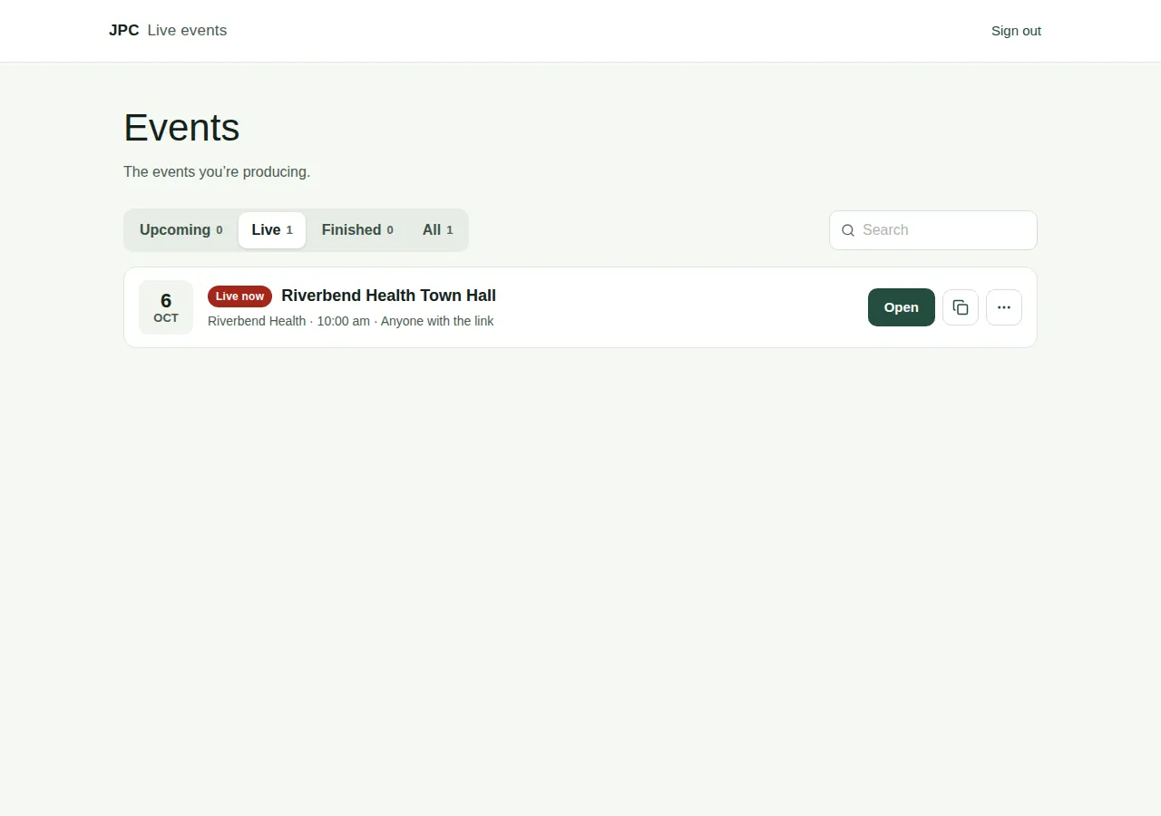 The events list for a producer, with Open, copy link and the More menu.