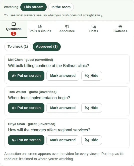 Approved questions, each with Put on screen, Mark answered and Hide buttons.