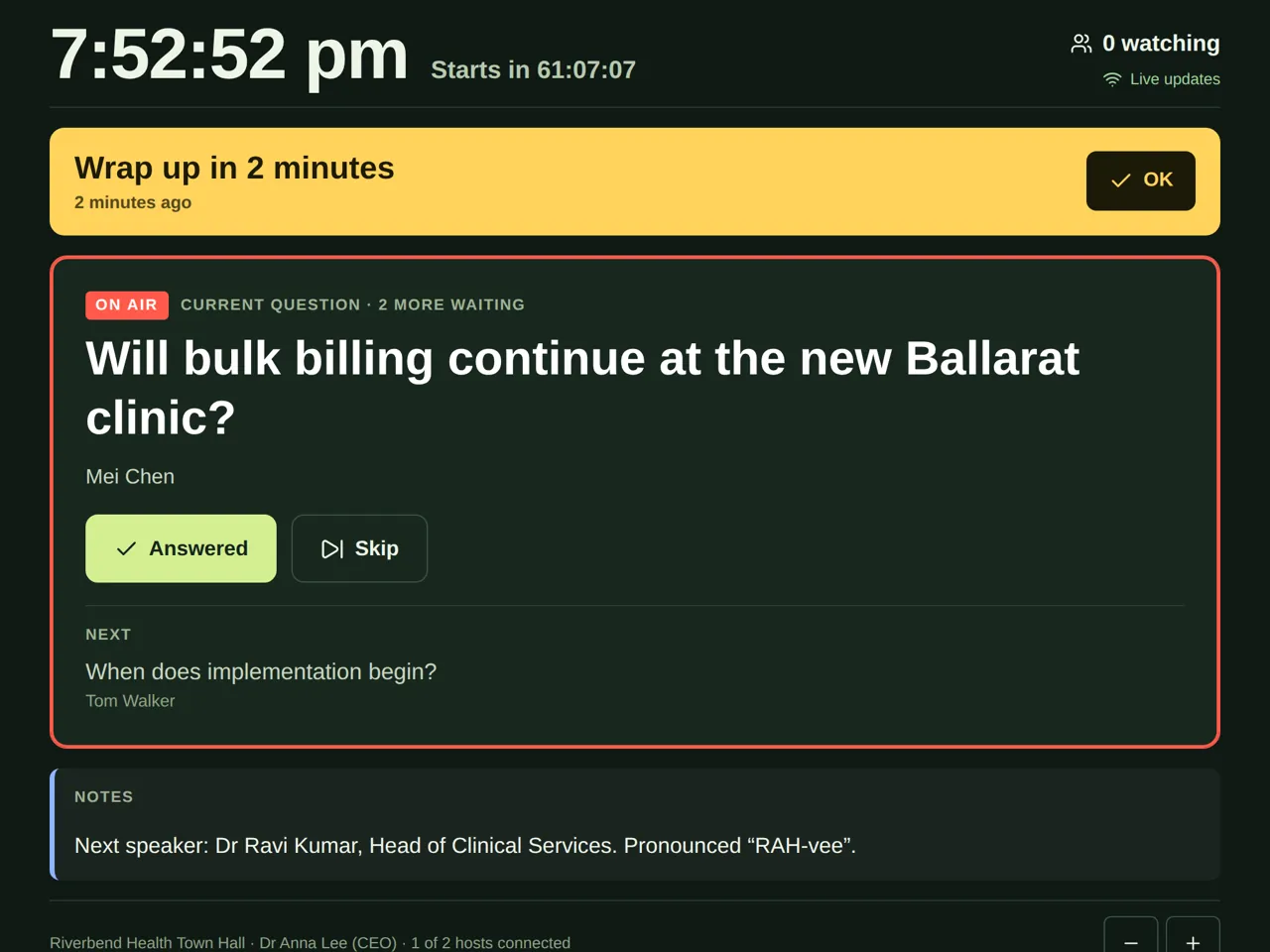 A yellow cue saying “Wrap up in 2 minutes”, sent 2 minutes ago, with an OK button.