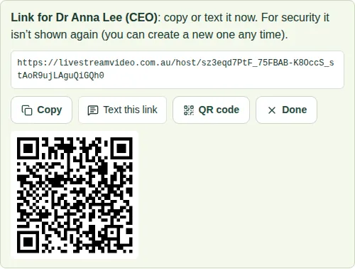A new host link, with Copy, Text this link, QR code and Done buttons and a QR code below.