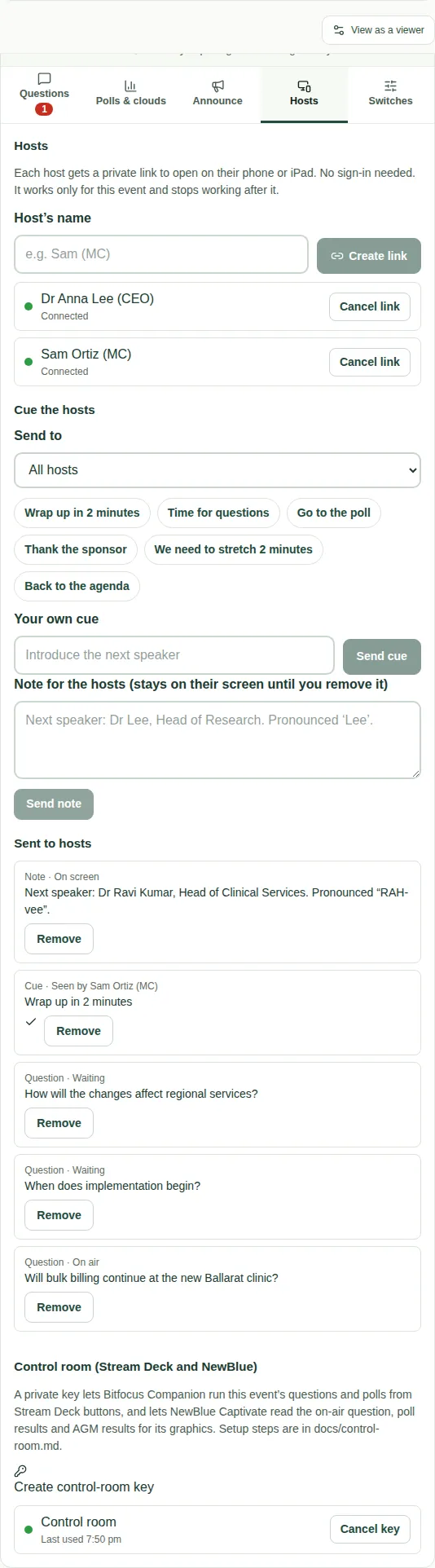 The Hosts tab, with quick cues, a box for your own cue, a box for a note, and the Sent to hosts list.