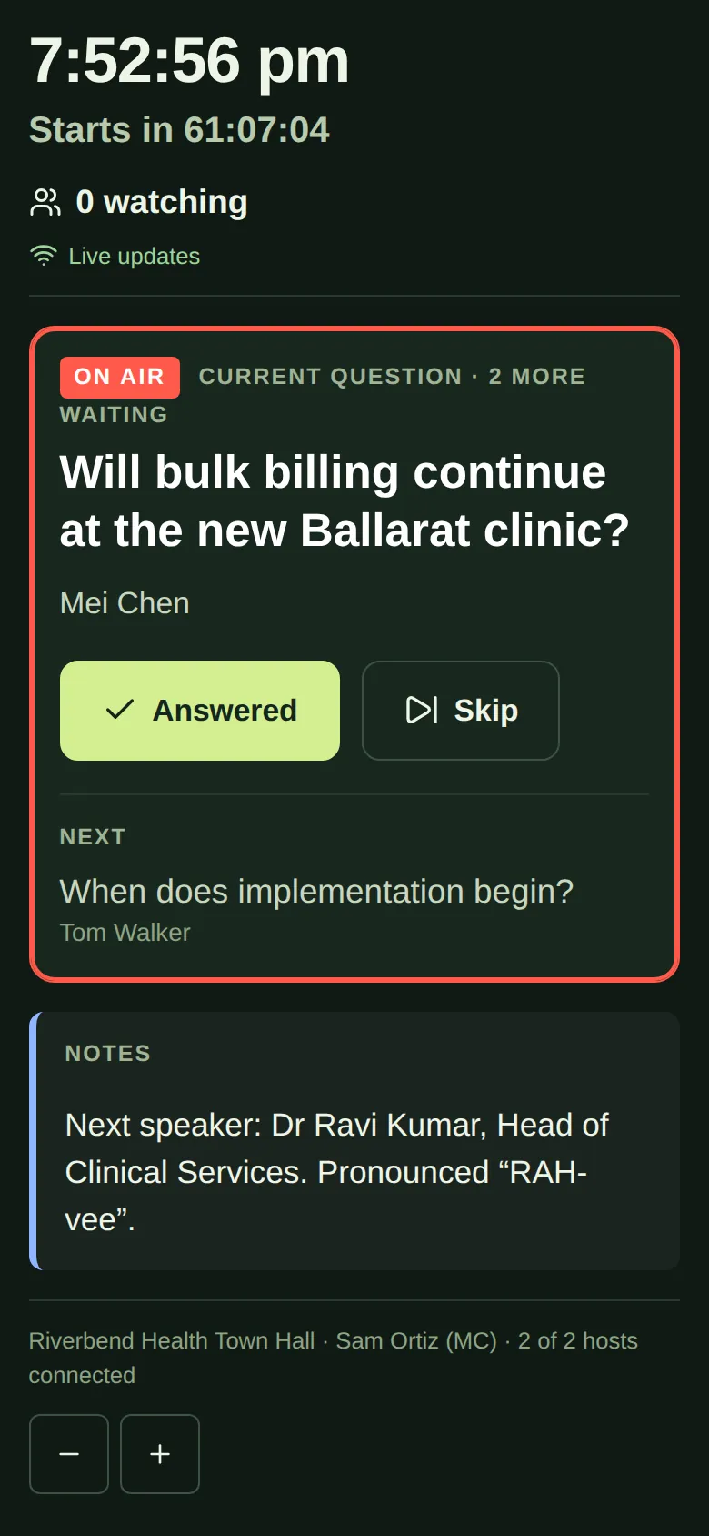 The host page on a phone: the clock, “Starts in” countdown, 0 watching, Live updates, the current question with an ON AIR badge, Answered and Skip buttons, the next question, and a note.
