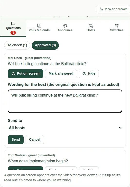 Tidying a question before sending it. The form has the wording for the host, Send to set to All hosts, and Send and Cancel buttons.