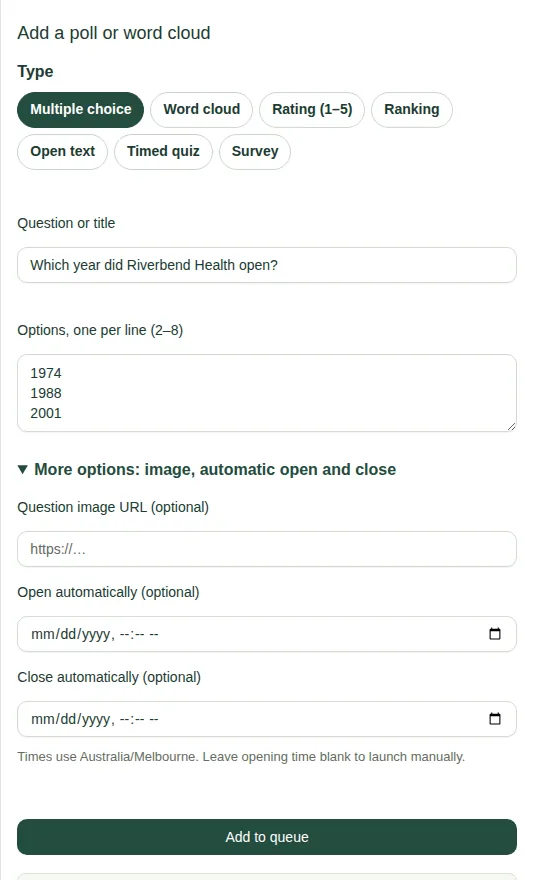 The add form with More options open, showing the Open automatically and Close automatically boxes.