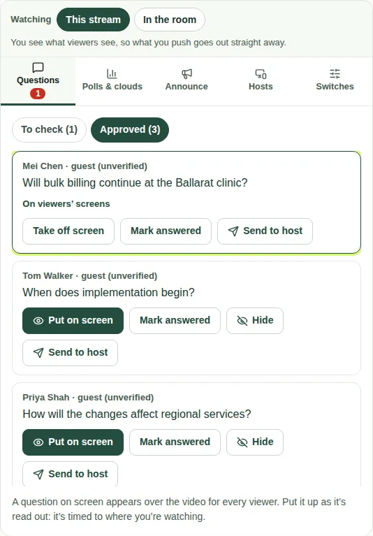 Approved questions. The first one is marked On viewers' screens, with Take off screen, Mark answered and Send to host buttons.