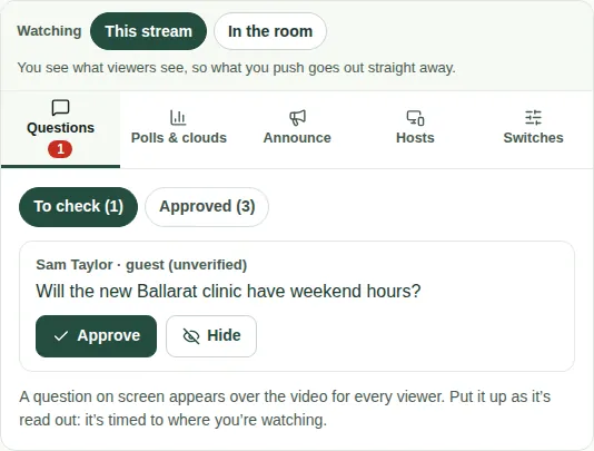 A question in To check, from a guest, with Approve and Hide buttons.