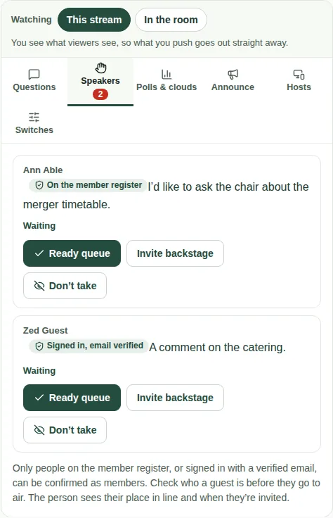 The Speakers tab, with two requests showing who each person is, and Ready queue, Invite backstage and Don't take buttons.