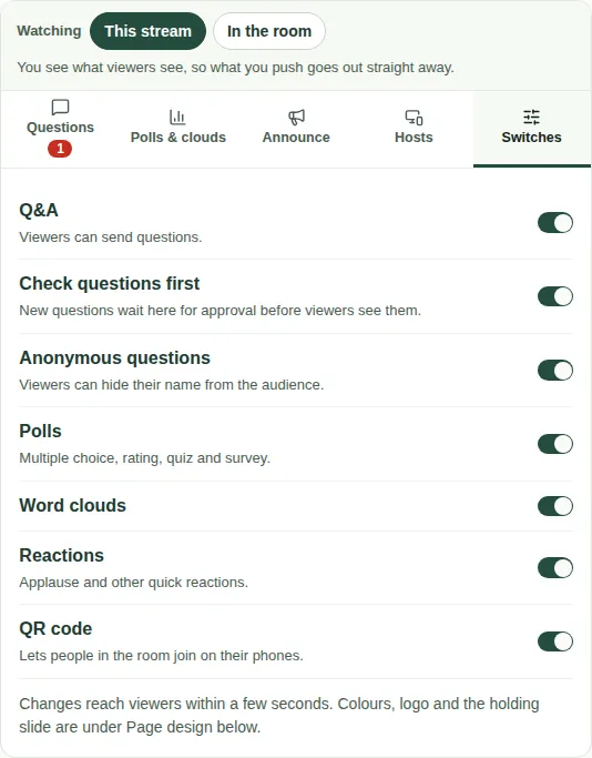 The Switches tab, with Q&A, Check questions first, Anonymous questions, Polls, Word clouds, Reactions and QR code all on.