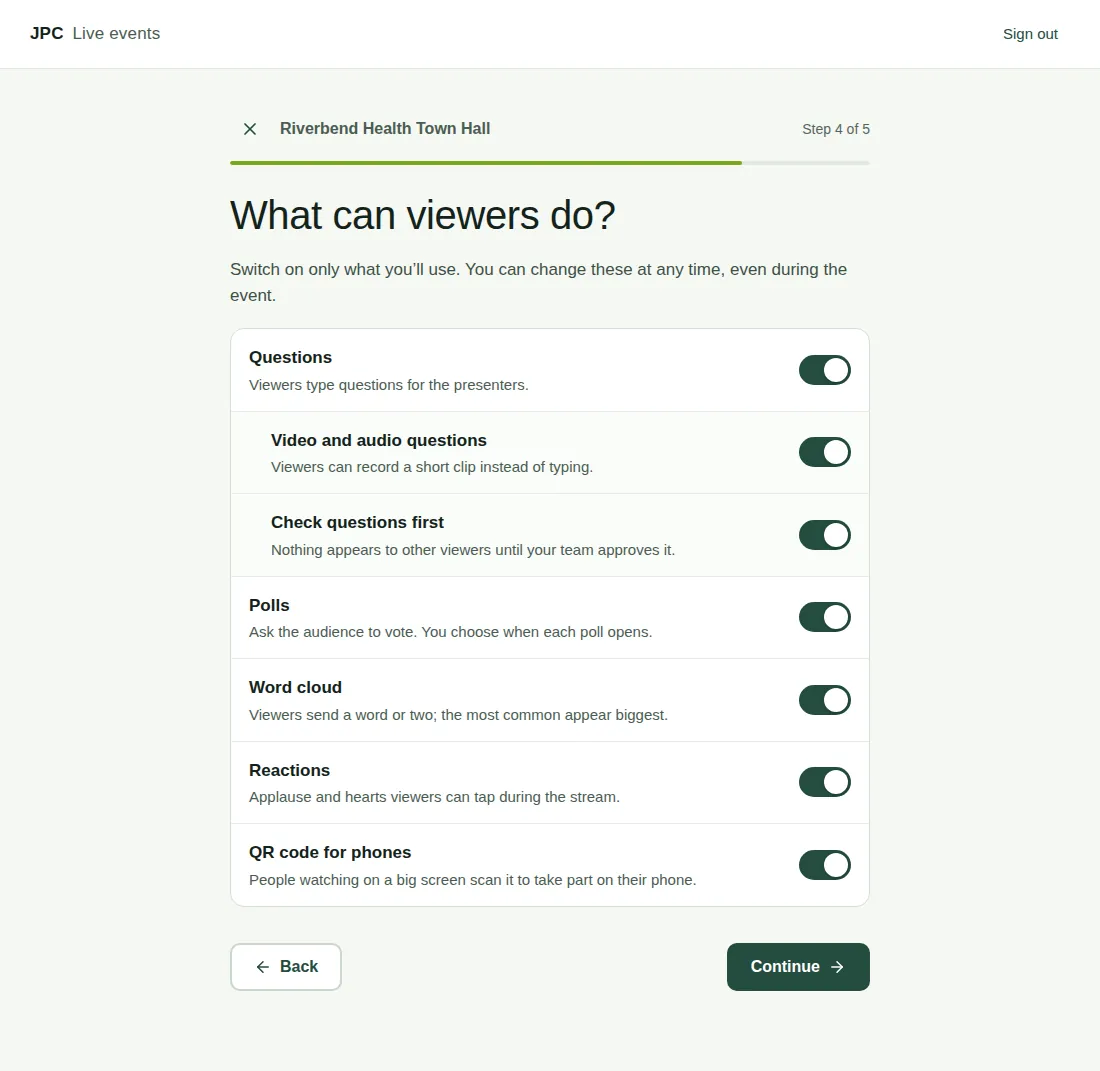 The "What can viewers do?" step, with a switch for each audience tool.
