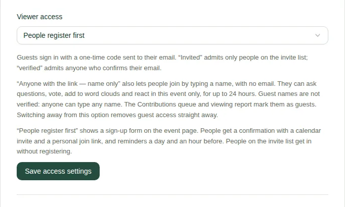 The Viewer access setting, with People register first chosen and the Save access settings button.