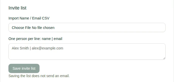 The Invite list, with a CSV import button, a box for one person per line, and Save invite list.