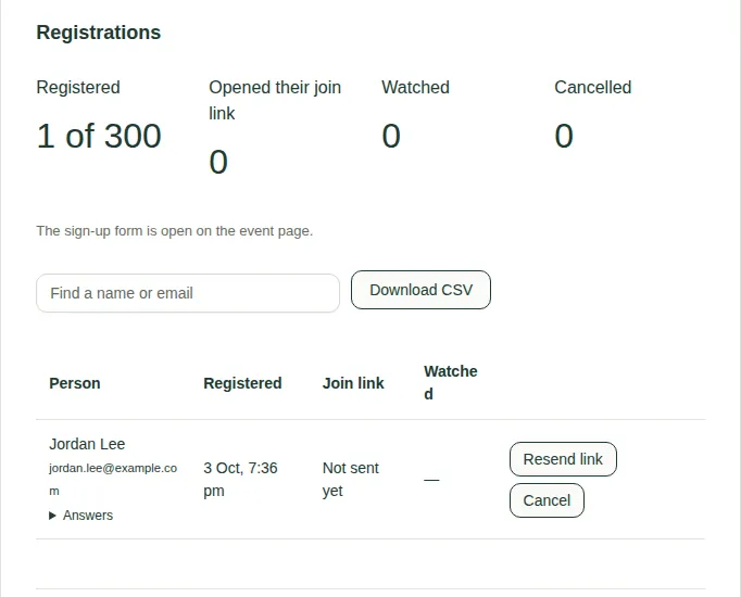 The Registrations list, with counts at the top and one person with Resend link and Cancel buttons.