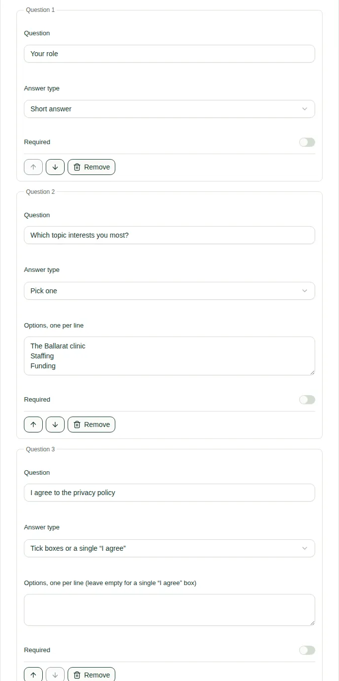 Three sign-up questions: a short answer, a Pick one question with options, and an "I agree" tick box.