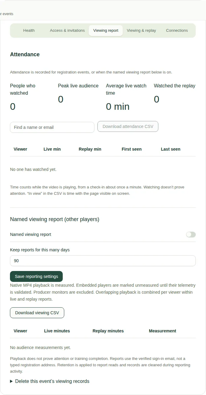 The Viewing report tab, with Attendance numbers at the top and the Named viewing report settings below.