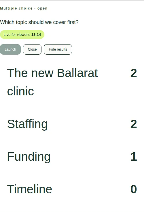A multiple choice poll that's live for viewers, with Launch, Close and Hide results buttons and a count for each answer.