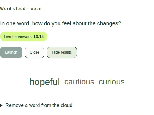 A word cloud in the activity queue, with Remove a word from the cloud underneath.
