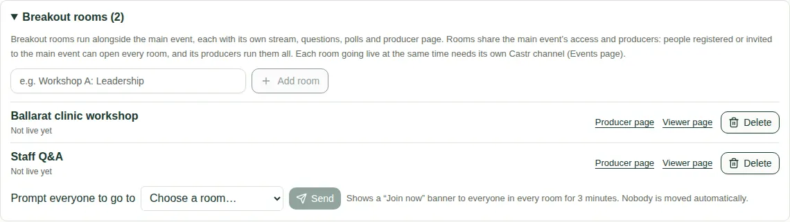 The Breakout rooms box with two rooms, each with Producer page, Viewer page and Delete.