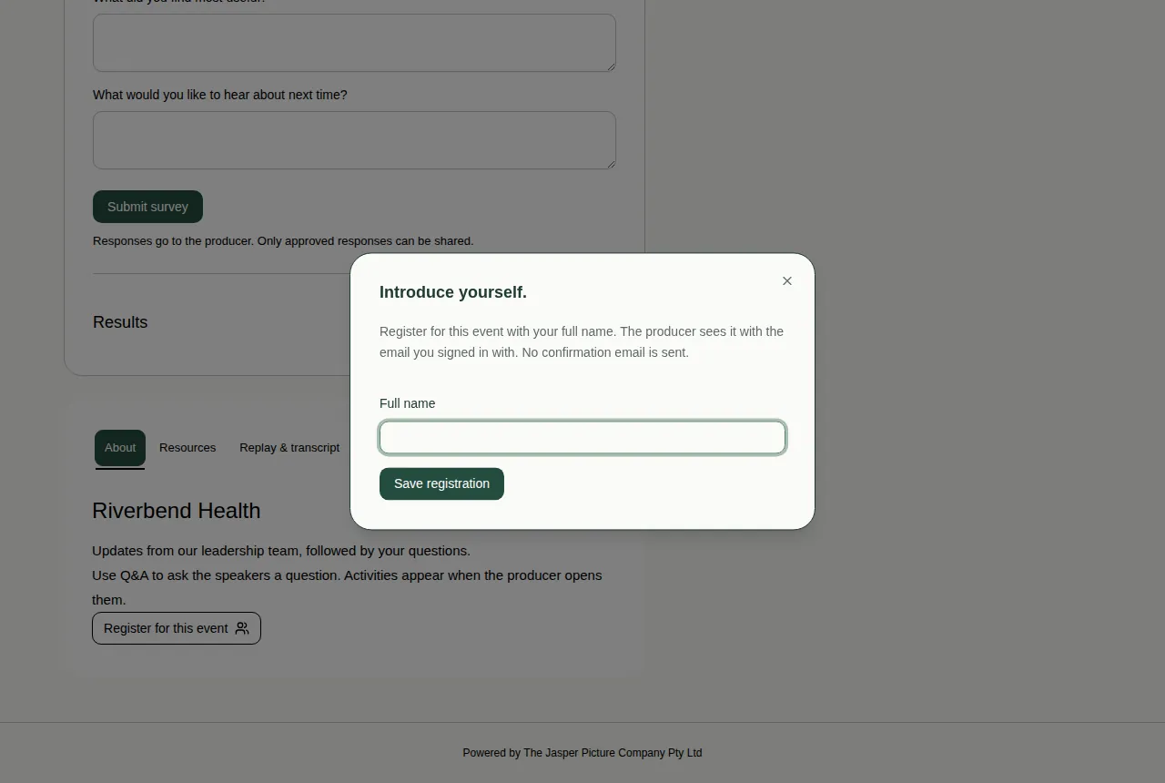 The Introduce yourself box over the About tab, with a Full name box and a Save registration button.