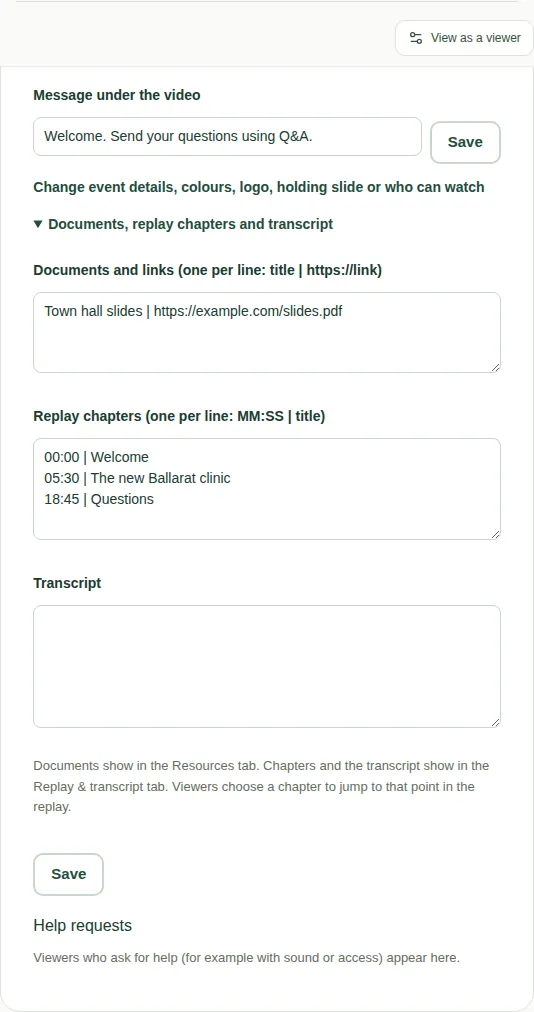 Documents, replay chapters and transcript, open in Event settings.