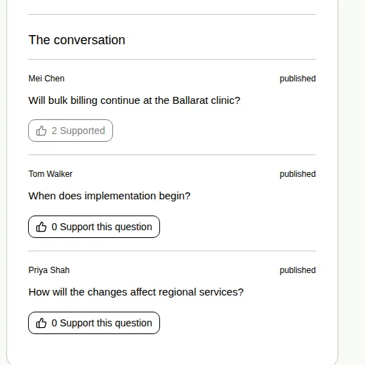 Three approved questions under The conversation. One shows 2 Supported, and the others show 0 Support this question.
