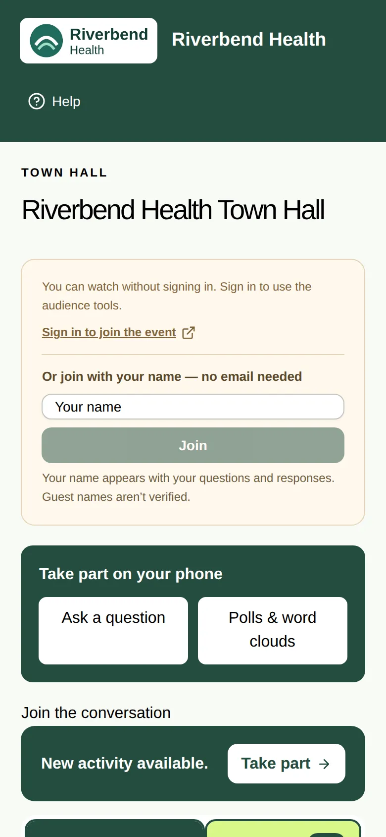 The phone page from the QR code, with Ask a question and Polls & word clouds, and no video.