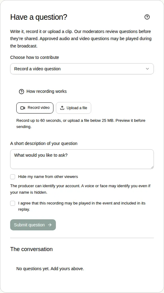 The Q&A tab with Record a video question chosen, showing the Record video and Upload a file buttons.