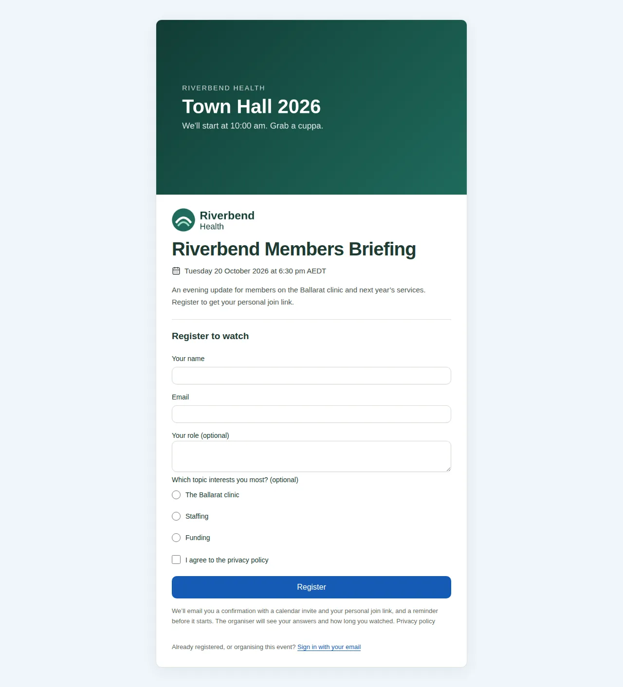 A sign-up form with Your name, Email, the organiser's own questions and a Register button.