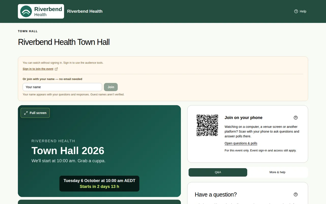 The event page before it starts. You can watch without signing in, or type your name to take part.