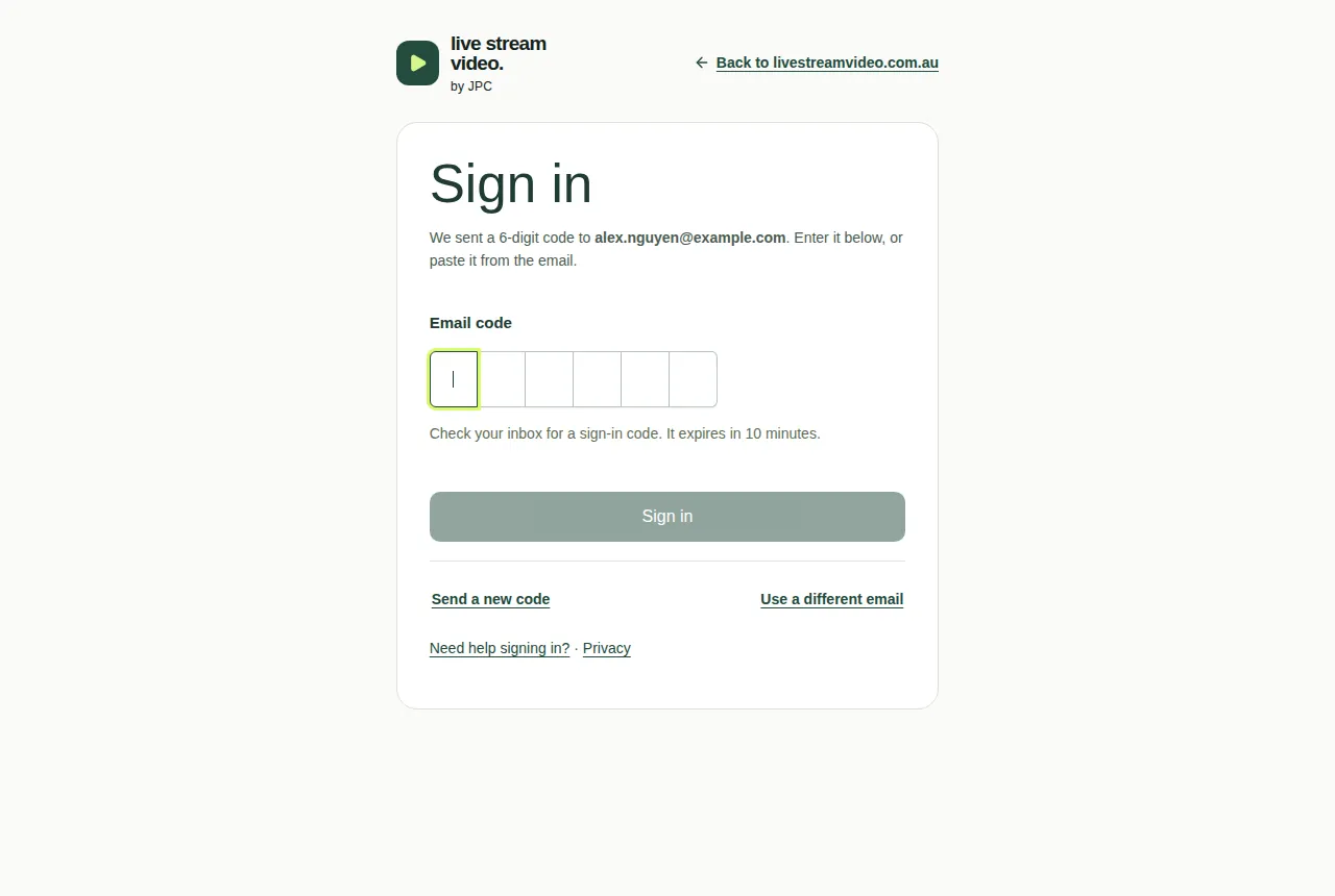 The Email code step, with six boxes for the code, and Send a new code and Use a different email links.