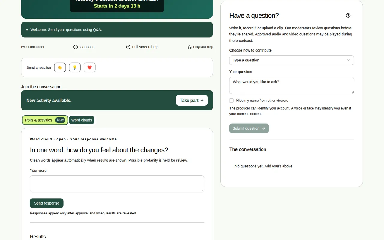 Join the conversation with “New activity available” and a Take part button. The Polls & activities tab has a New badge, and a word cloud card is open below.