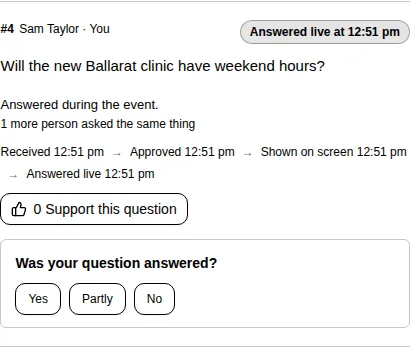 Was your question answered? with Yes, Partly and No buttons, under an answered question.