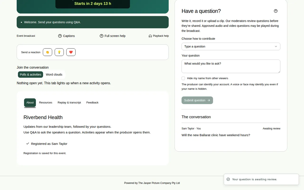 The Q&A tab with a question sent. It shows “Awaiting review” next to the question under The conversation.