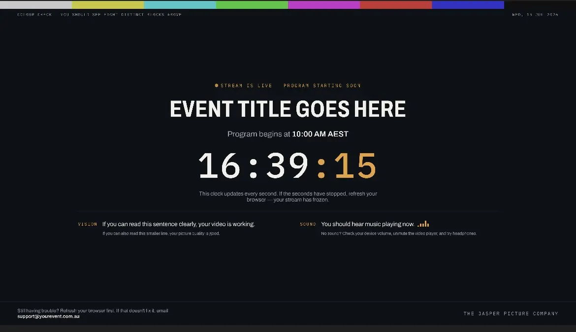 JPC’s pre-show viewer check screen with a colour bar test, a live clock, and sound and vision checks for the audience